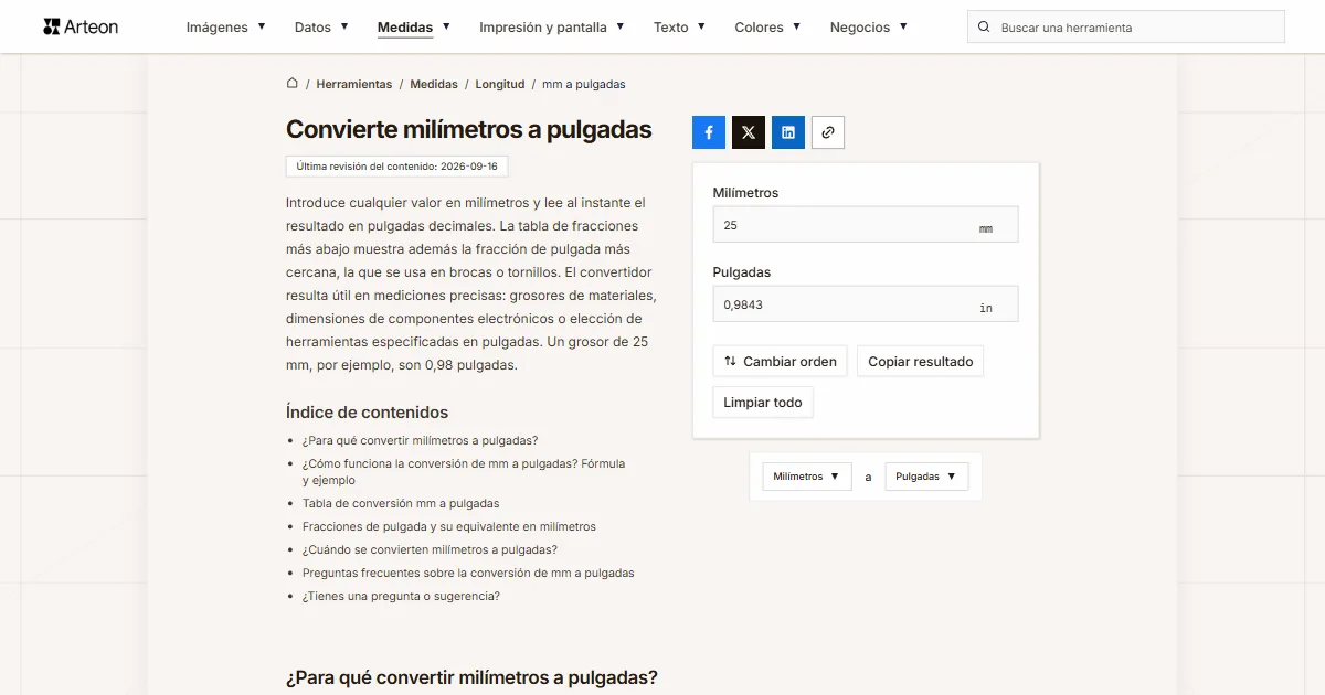 Captura de pantalla de la herramienta gratuita de Arteon: Convierte milímetros a pulgadas