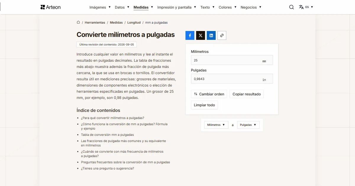 Captura de pantalla de la herramienta gratuita de Arteon: Convierte milímetros a pulgadas