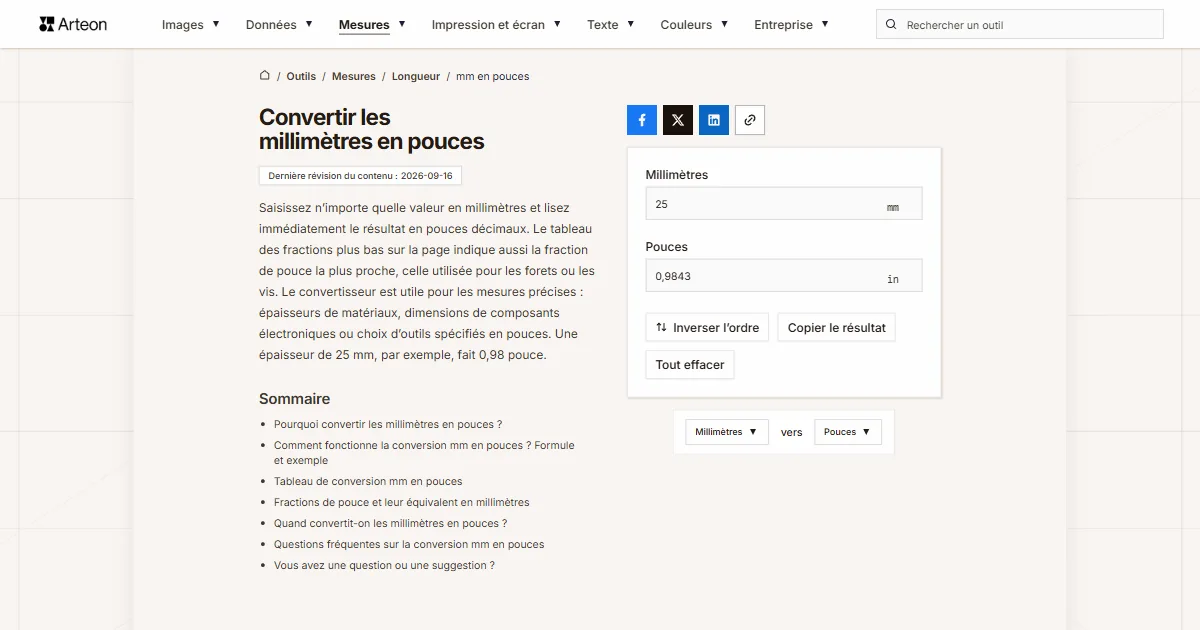 Capture d'écran de l'outil gratuit d'Arteon: Convertir les millimètres en pouces