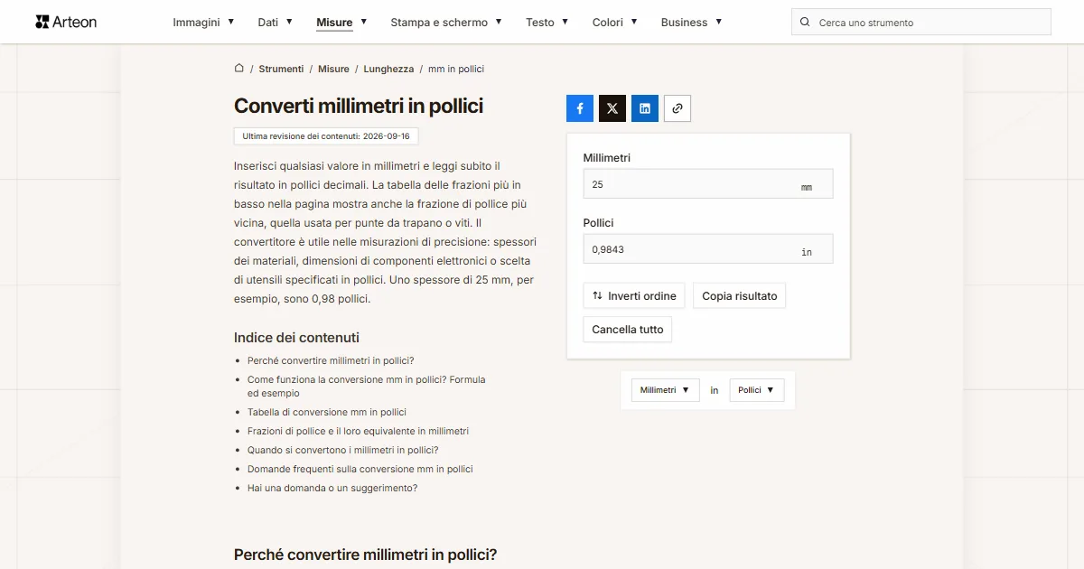 Screenshot dello strumento gratuito Arteon: Converti millimetri in pollici