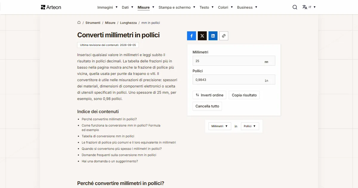 Screenshot dello strumento gratuito Arteon: Converti millimetri in pollici