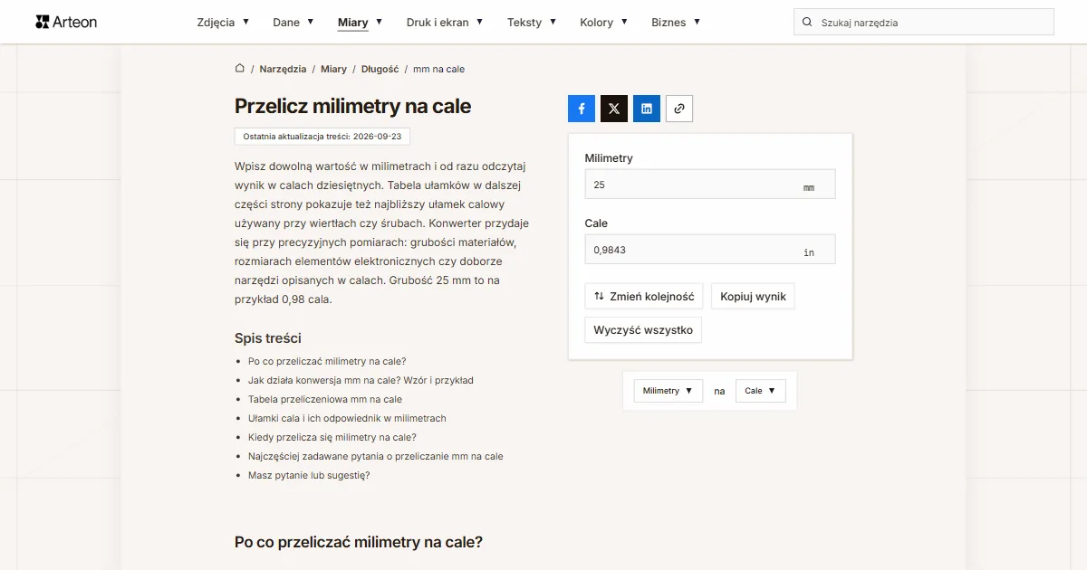 Zrzut ekranu darmowego narzędzia Arteon: Przelicz milimetry na cale