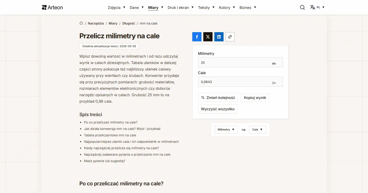 Zrzut ekranu darmowego narzędzia Arteon: Przelicz milimetry na cale