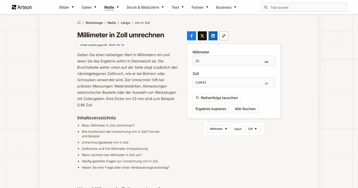 Screenshot des kostenlosen Arteon-Werkzeugs: Millimeter in Zoll umrechnen