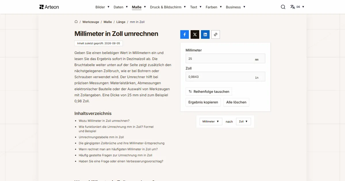 Screenshot des kostenlosen Arteon-Werkzeugs: Millimeter in Zoll umrechnen
