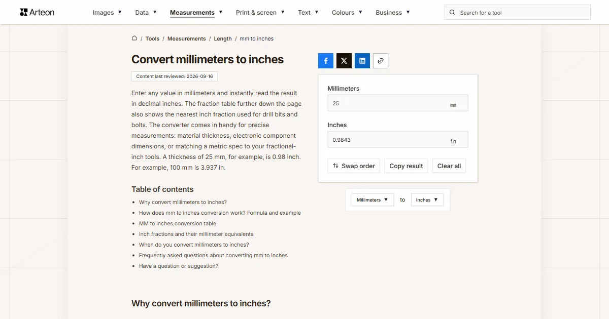 Arteon free tool screenshot: Convert millimeters to inches