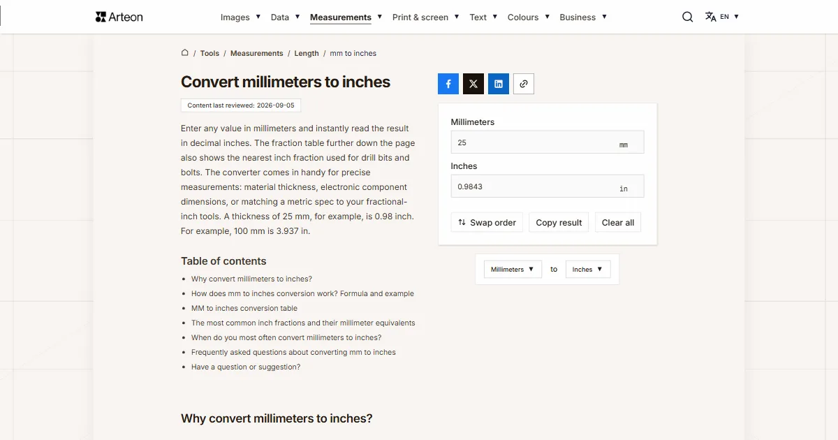 Arteon free tool screenshot: Convert millimeters to inches