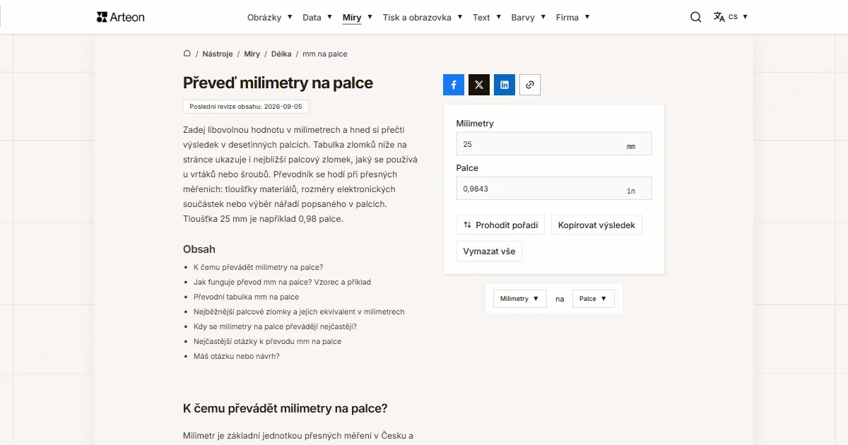 Snímek obrazovky bezplatného nástroje Arteon: Převeď milimetry na palce