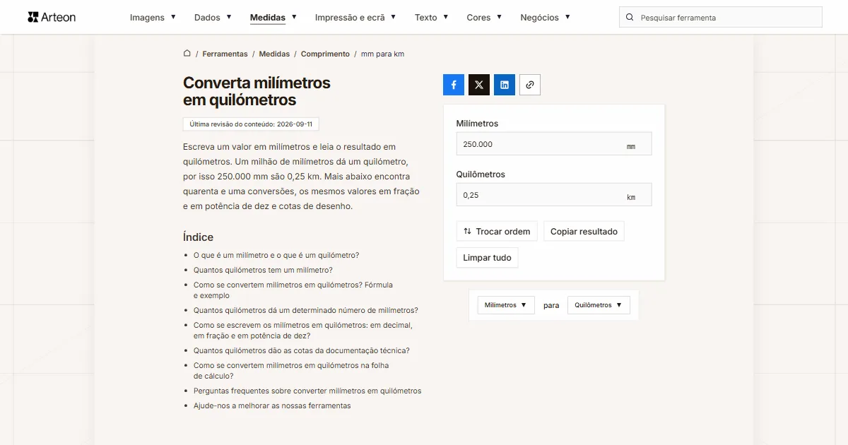 Captura de ecrã da ferramenta gratuita da Arteon: Converta milímetros em quilómetros