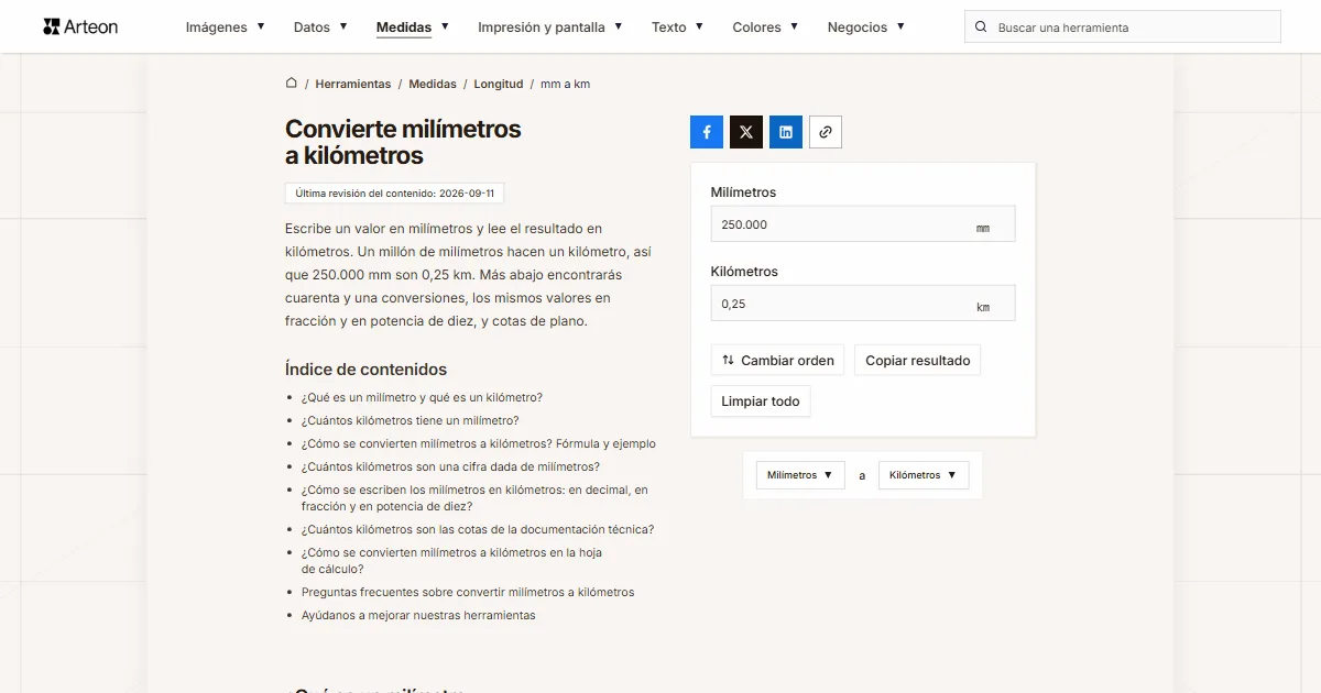 Captura de pantalla de la herramienta gratuita de Arteon: Convierte milímetros a kilómetros