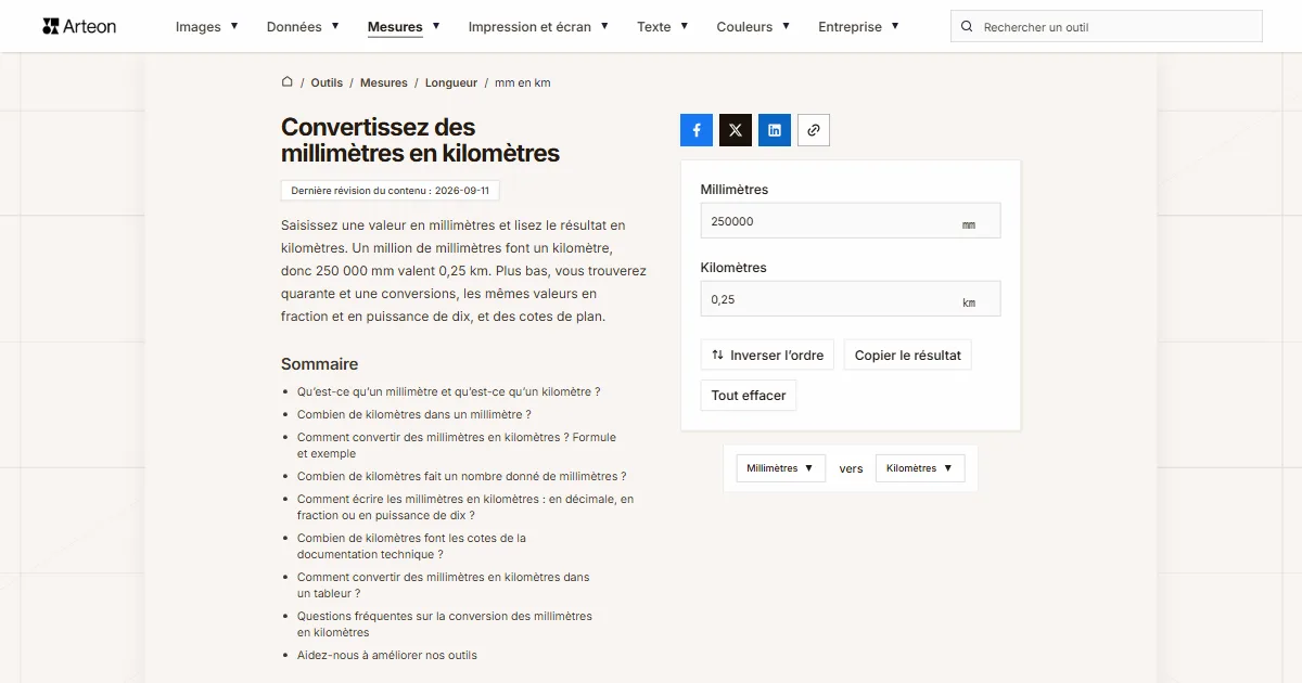 Capture d'écran de l'outil gratuit d'Arteon: Convertissez des millimètres en kilomètres