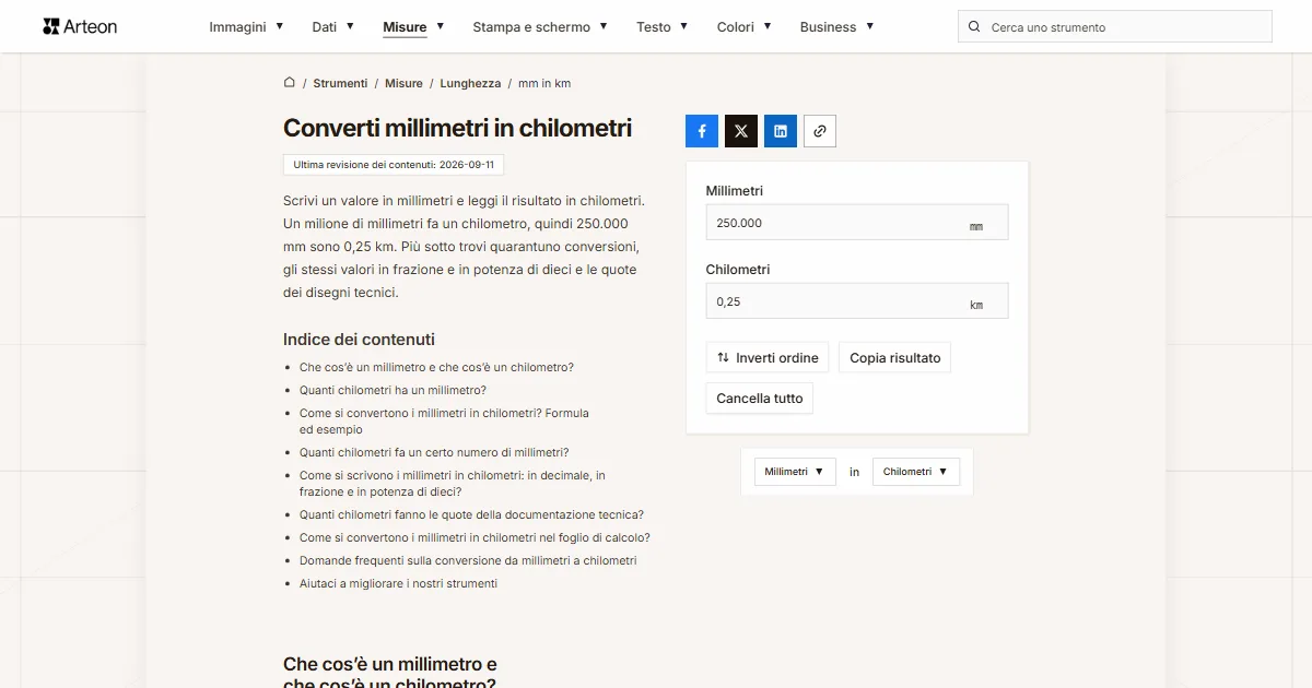 Screenshot dello strumento gratuito Arteon: Converti millimetri in chilometri