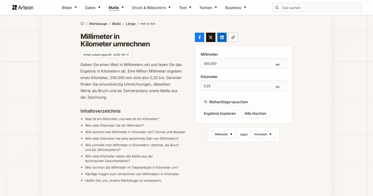 Screenshot des kostenlosen Arteon-Werkzeugs: Millimeter in Kilometer umrechnen