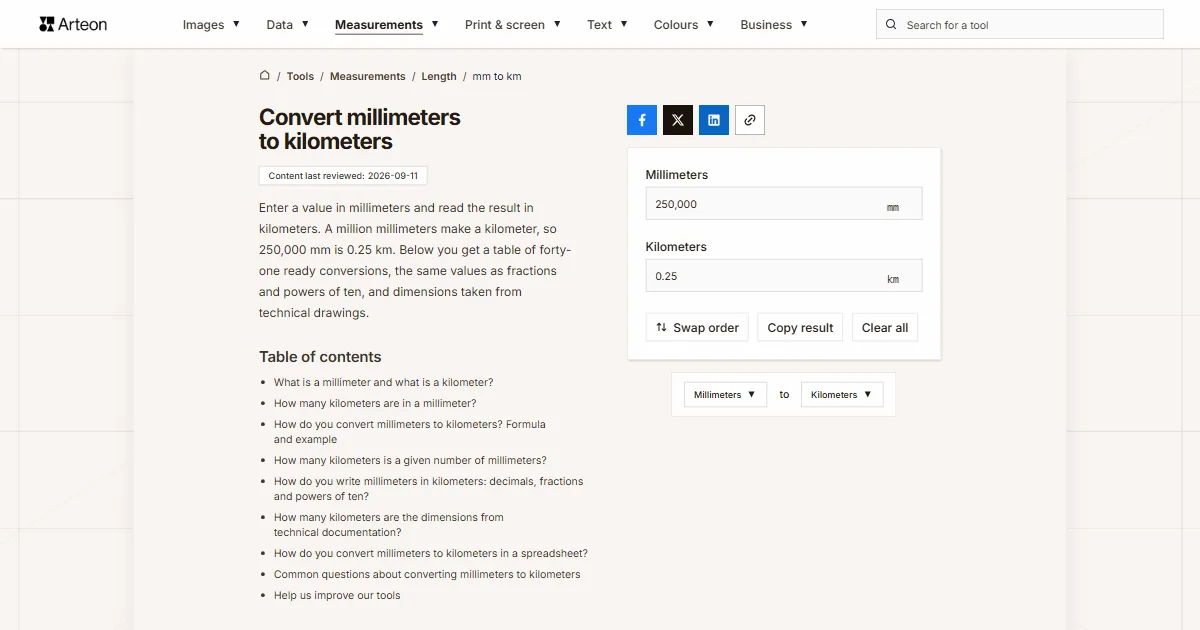 Arteon free tool screenshot: Convert millimeters to kilometers