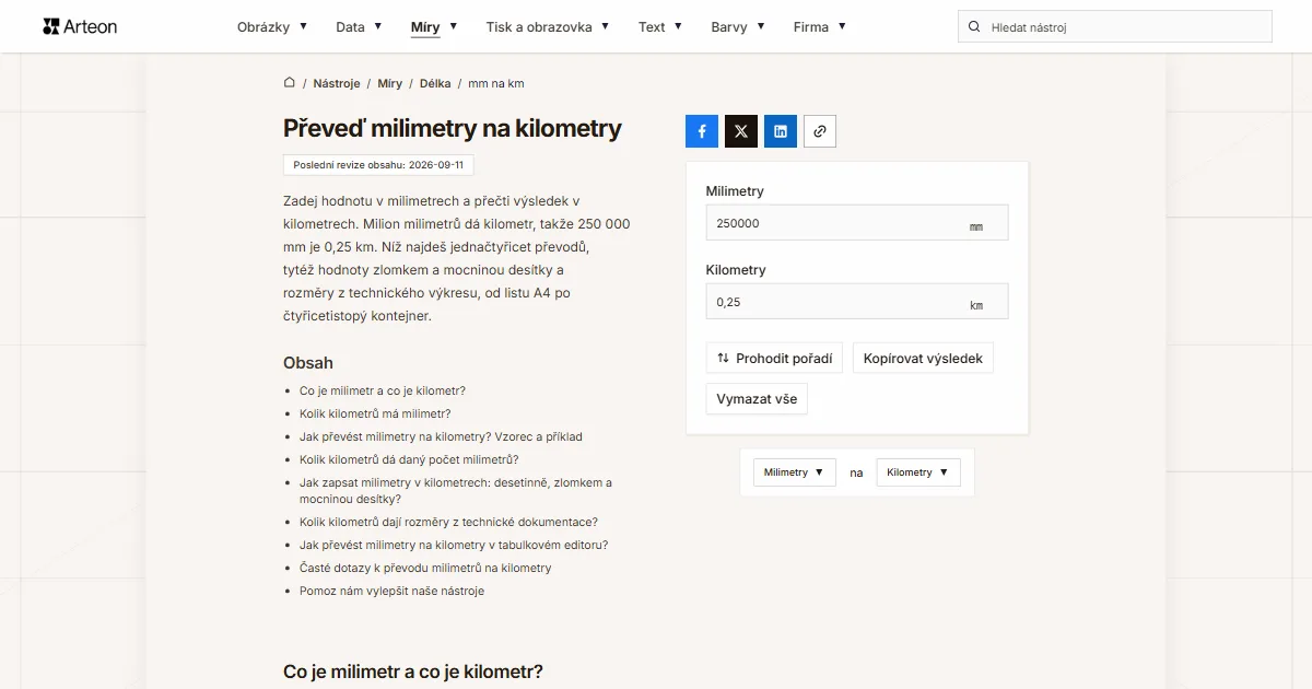 Snímek obrazovky bezplatného nástroje Arteon: Převeď milimetry na kilometry