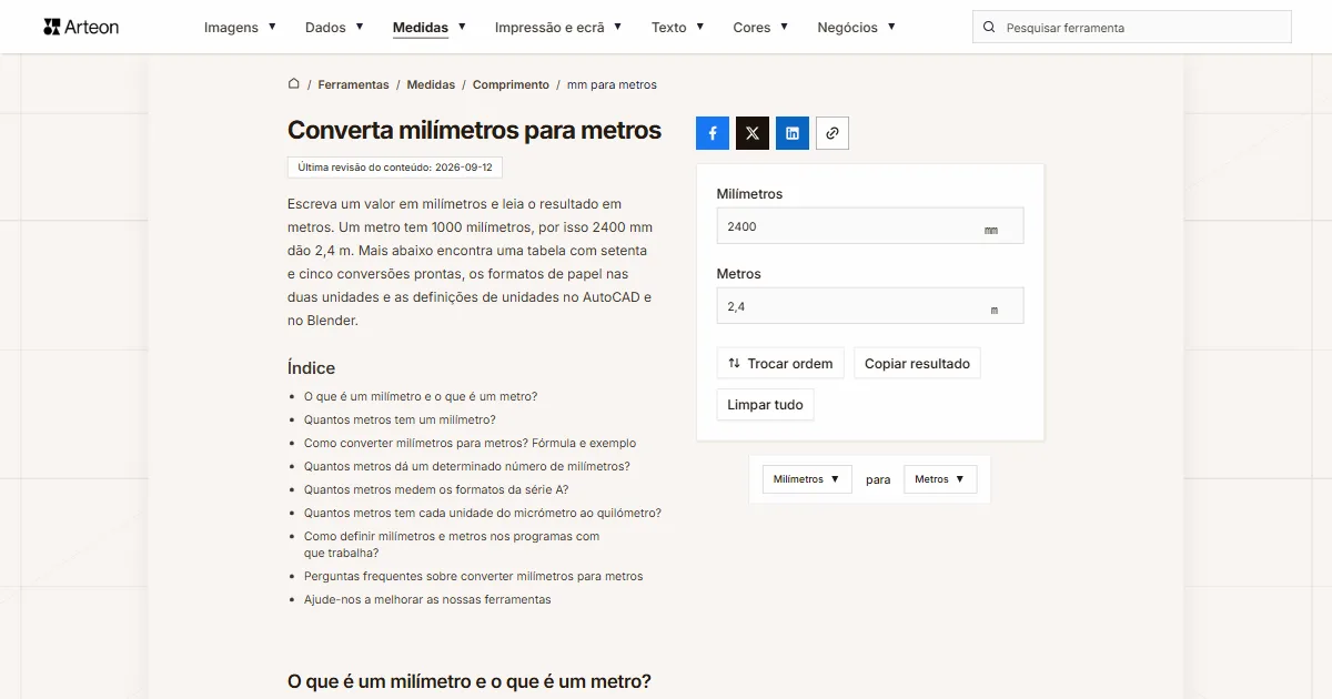 Captura de ecrã da ferramenta gratuita da Arteon: Converta milímetros para metros