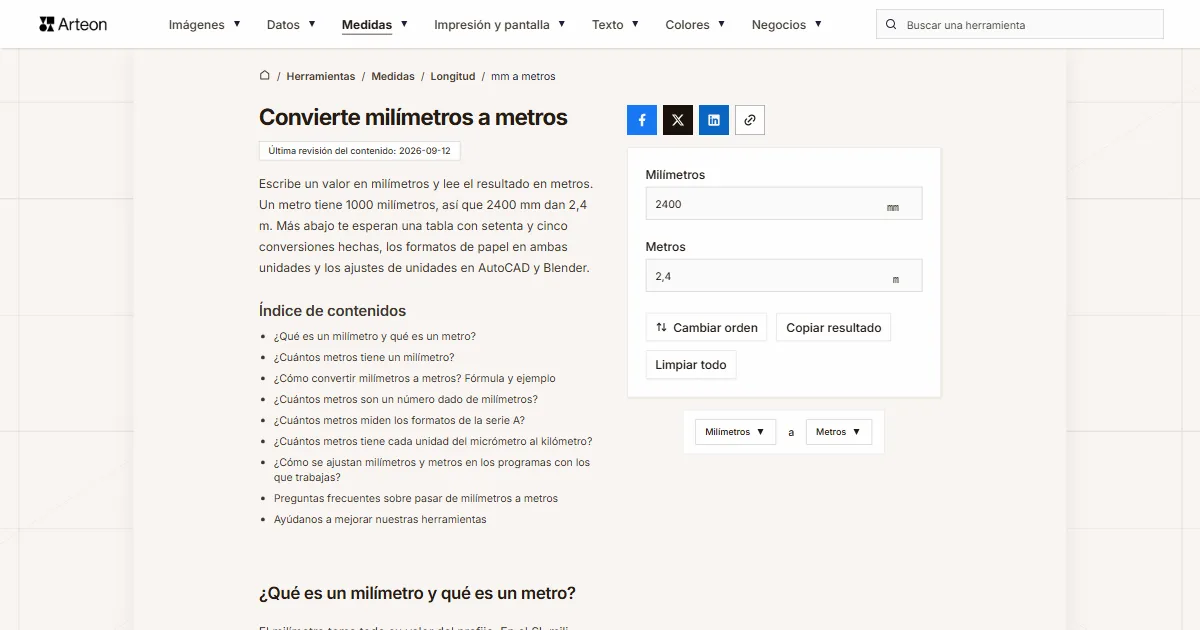 Captura de pantalla de la herramienta gratuita de Arteon: Convierte milímetros a metros