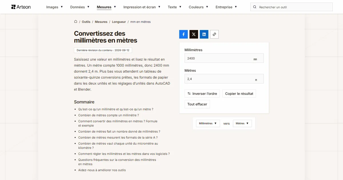 Capture d'écran de l'outil gratuit d'Arteon: Convertissez des millimètres en mètres