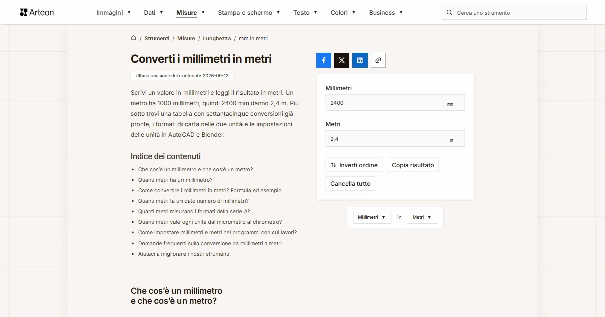 Screenshot dello strumento gratuito Arteon: Converti i millimetri in metri