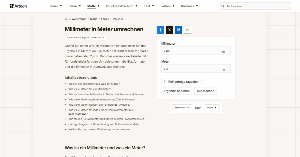 Screenshot des kostenlosen Arteon-Werkzeugs: Millimeter in Meter umrechnen