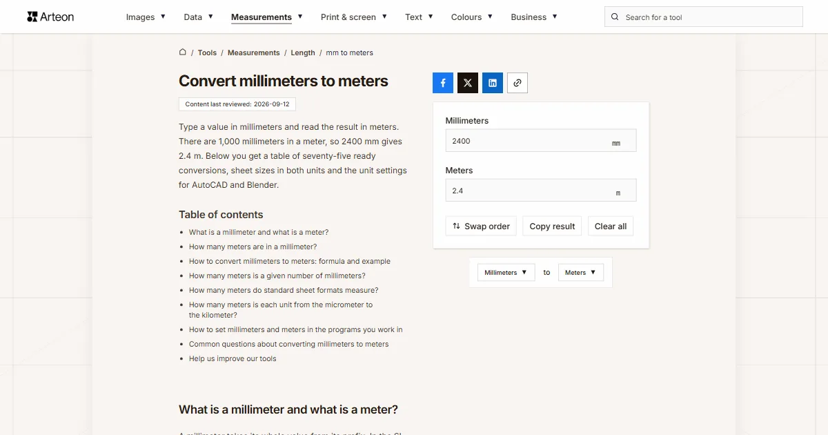 Arteon free tool screenshot: Convert millimeters to meters