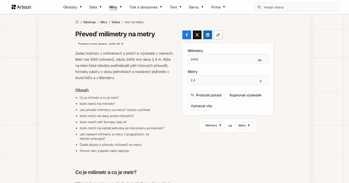 Snímek obrazovky bezplatného nástroje Arteon: Převeď milimetry na metry