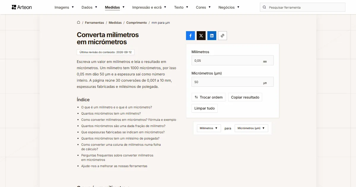 Captura de ecrã da ferramenta gratuita da Arteon: Converta milímetros em micrómetros