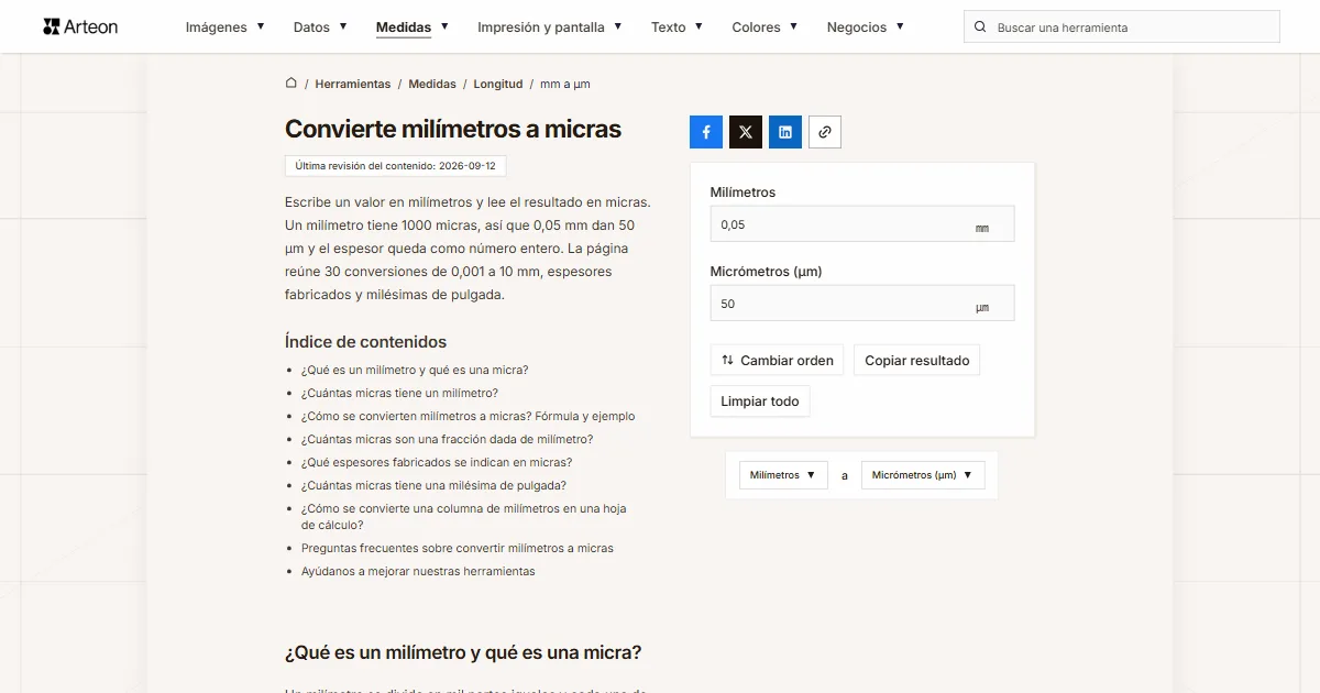Captura de pantalla de la herramienta gratuita de Arteon: Convierte milímetros a micras