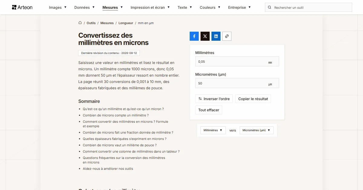 Capture d'écran de l'outil gratuit d'Arteon: Convertissez des millimètres en microns