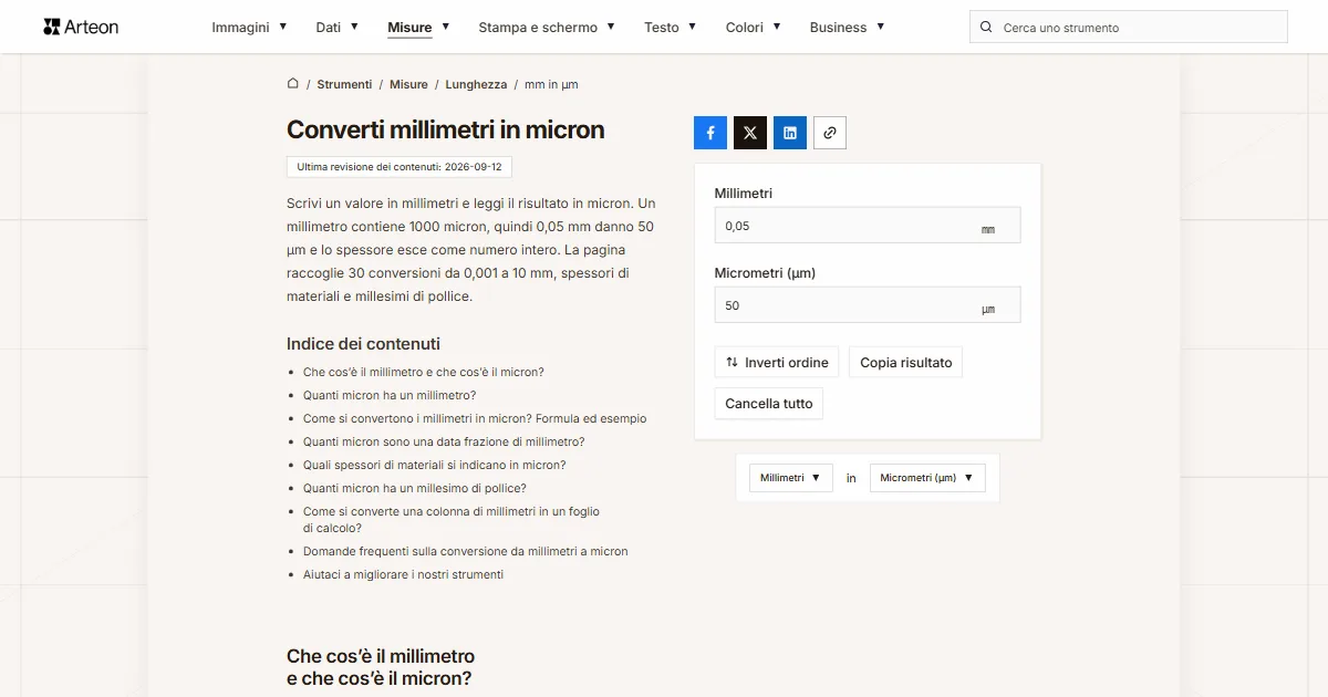 Screenshot dello strumento gratuito Arteon: Converti millimetri in micron