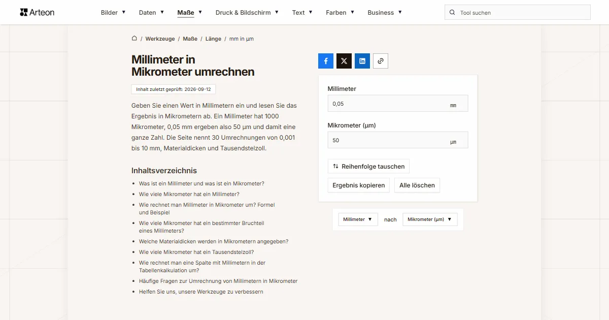 Screenshot des kostenlosen Arteon-Werkzeugs: Millimeter in Mikrometer umrechnen