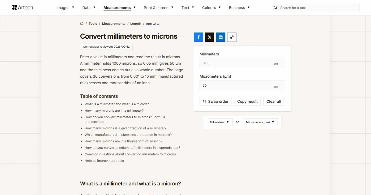 Arteon free tool screenshot: Convert millimeters to microns