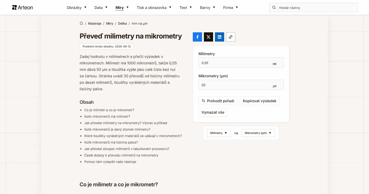 Snímek obrazovky bezplatného nástroje Arteon: Převeď milimetry na mikrometry