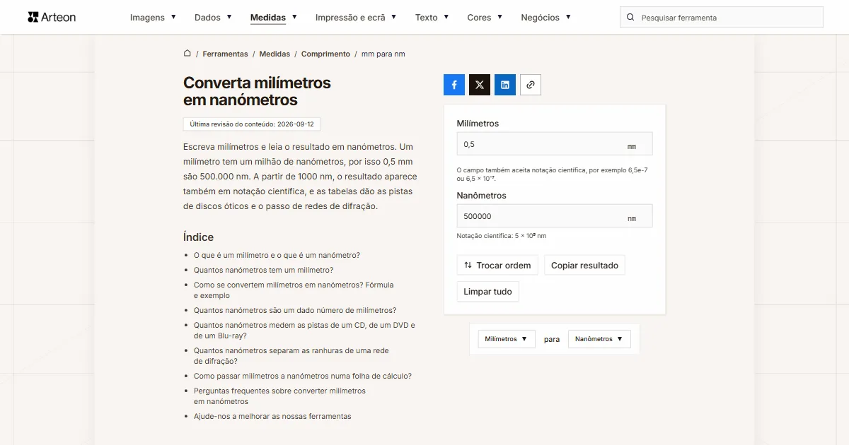 Captura de ecrã da ferramenta gratuita da Arteon: Converta milímetros em nanómetros