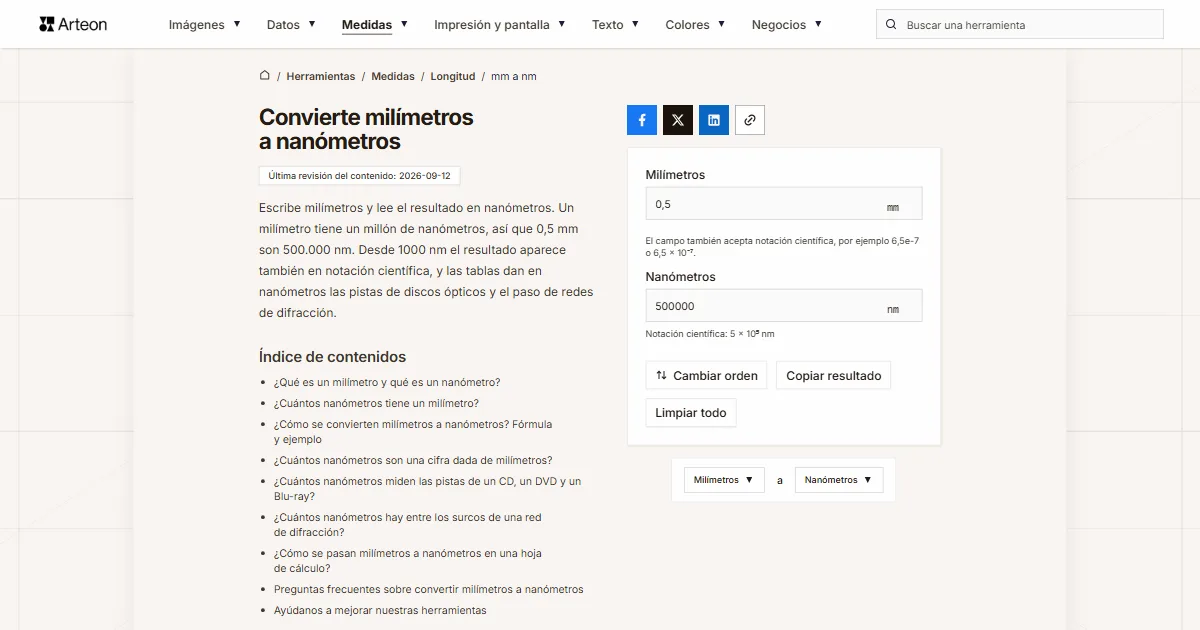 Captura de pantalla de la herramienta gratuita de Arteon: Convierte milímetros a nanómetros