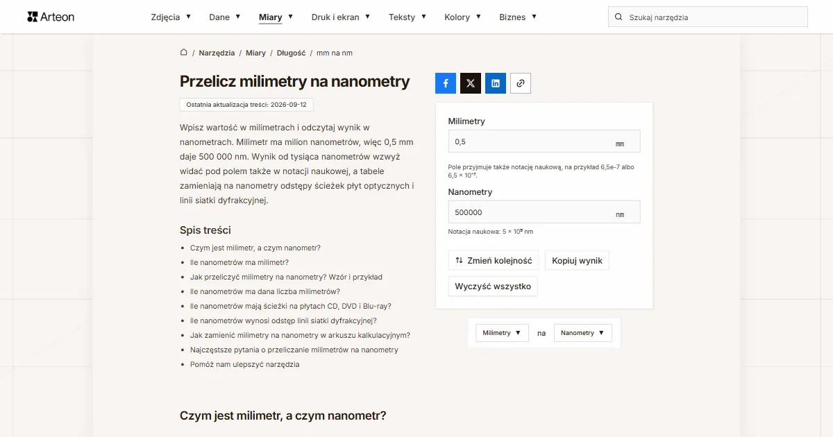 Zrzut ekranu darmowego narzędzia Arteon: Przelicz milimetry na nanometry
