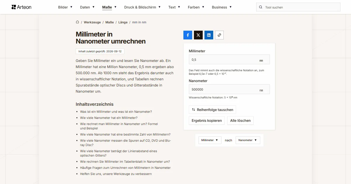 Screenshot des kostenlosen Arteon-Werkzeugs: Millimeter in Nanometer umrechnen
