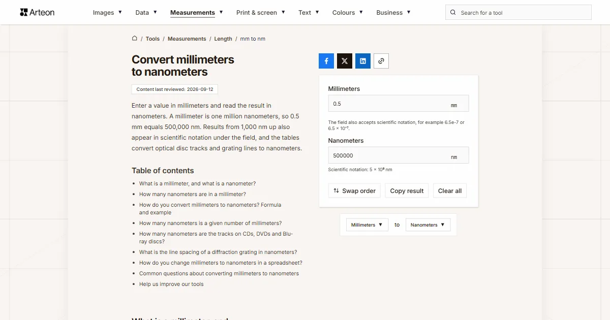 Arteon free tool screenshot: Convert millimeters to nanometers
