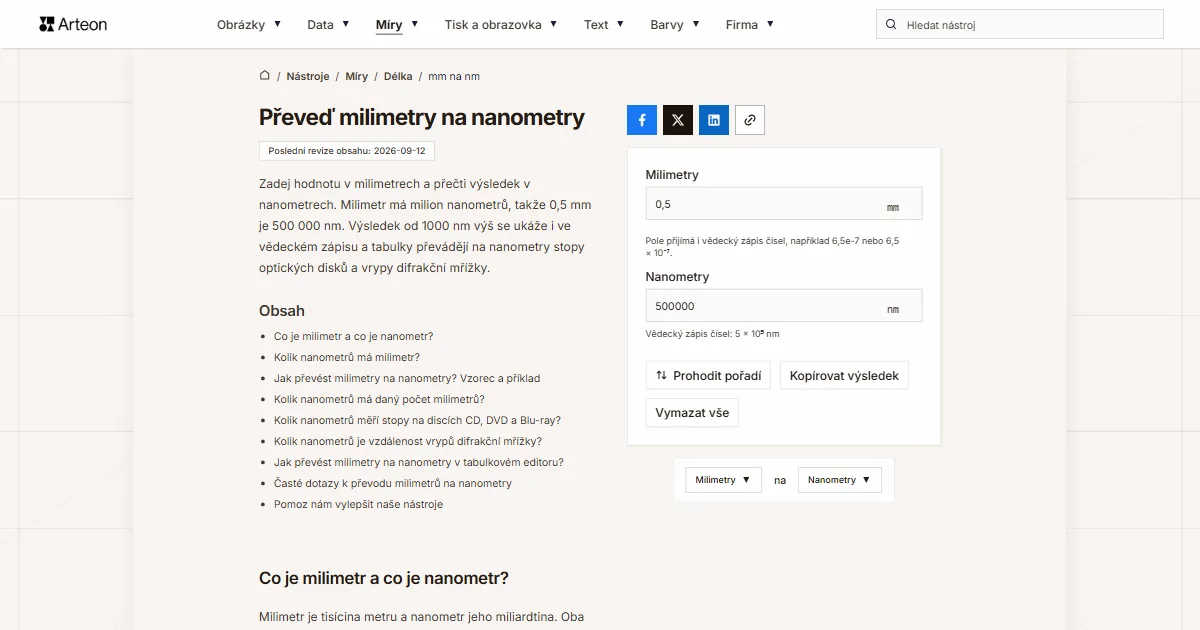 Snímek obrazovky bezplatného nástroje Arteon: Převeď milimetry na nanometry