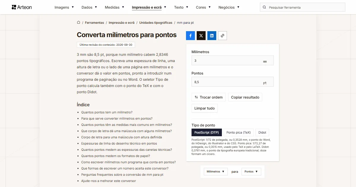Captura de ecrã da ferramenta gratuita da Arteon: Converta milímetros para pontos