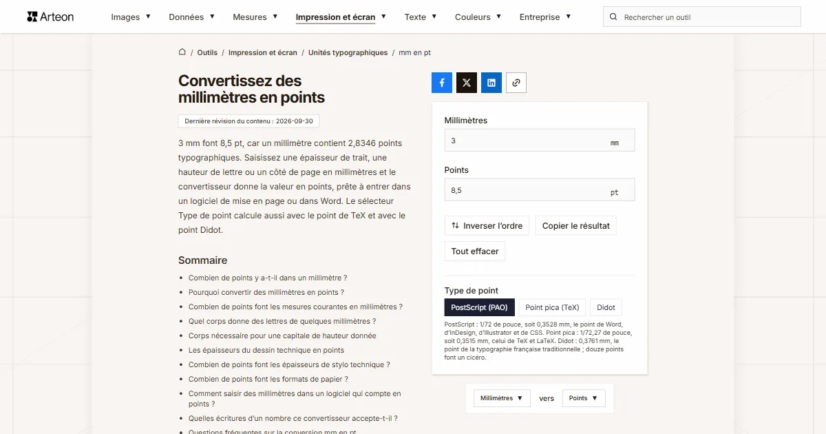 Capture d'écran de l'outil gratuit d'Arteon: Convertissez des millimètres en points