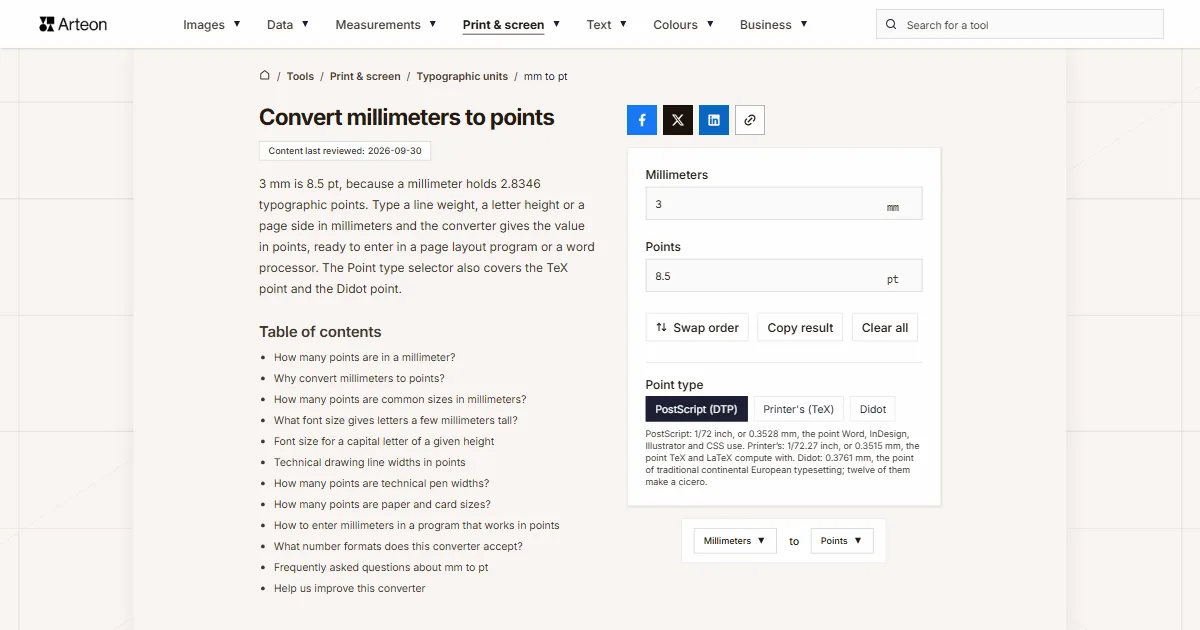 Arteon free tool screenshot: Convert millimeters to points