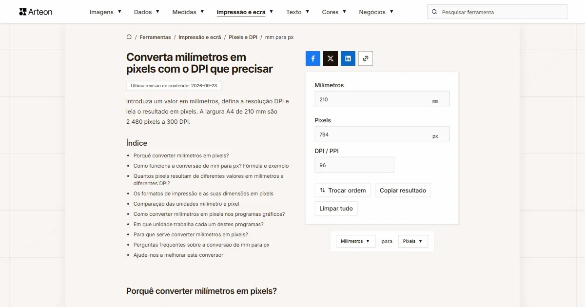 mm para px