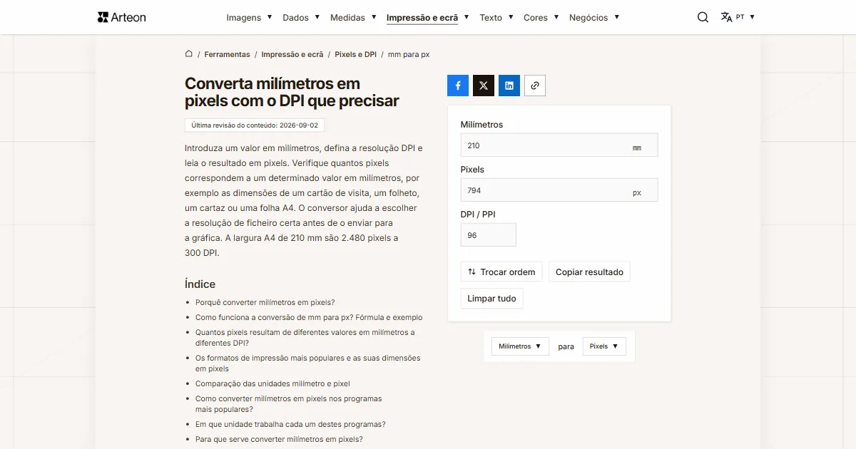 Captura de ecrã da ferramenta gratuita da Arteon: Converta milímetros em pixels com o DPI que precisar
