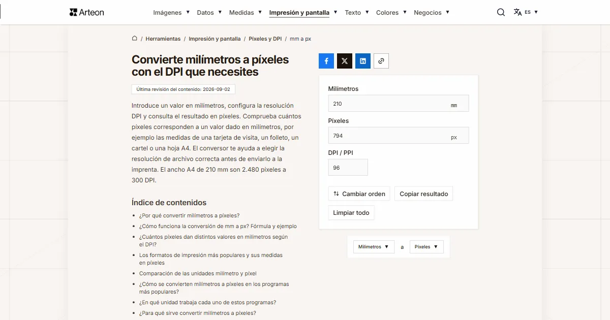 Captura de pantalla de la herramienta gratuita de Arteon: Convierte milímetros a píxeles con el DPI que necesites
