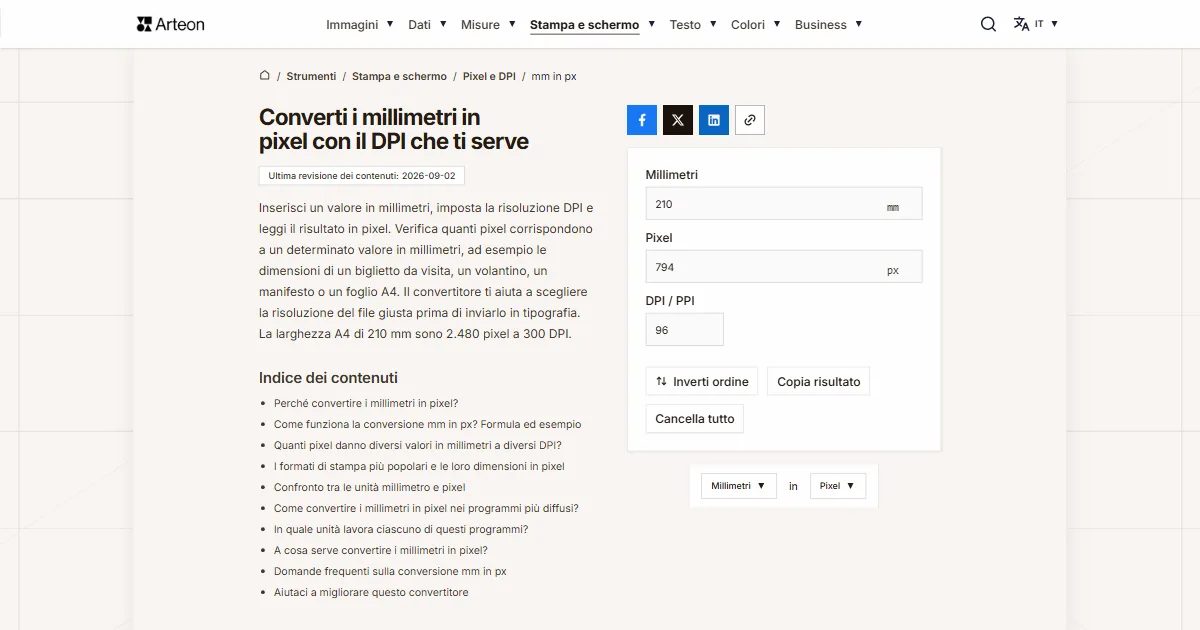 Screenshot dello strumento gratuito Arteon: Converti i millimetri in pixel con il DPI che ti serve