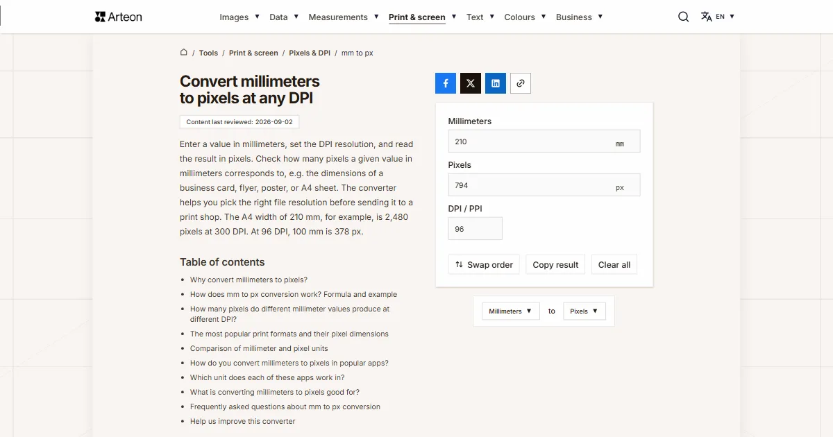 Arteon free tool screenshot: Convert millimeters to pixels at any DPI