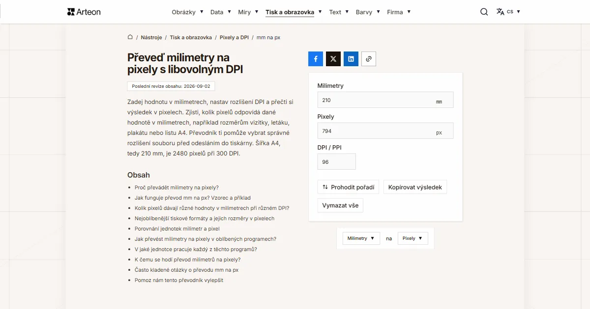Snímek obrazovky bezplatného nástroje Arteon: Převeď milimetry na pixely s libovolným DPI