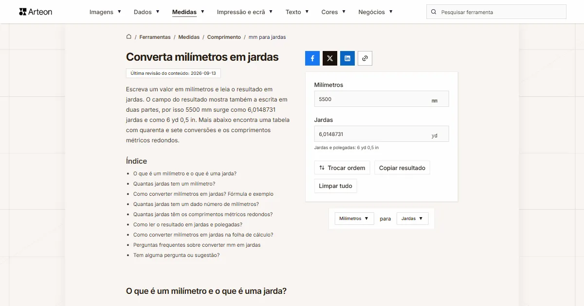 Captura de ecrã da ferramenta gratuita da Arteon: Converta milímetros em jardas