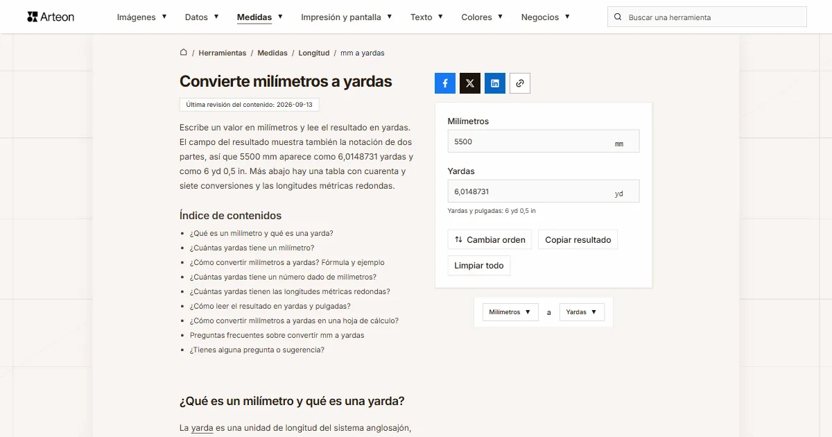 Captura de pantalla de la herramienta gratuita de Arteon: Convierte milímetros a yardas
